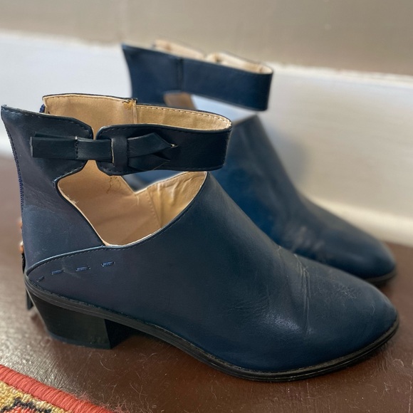 Navy Blue Leather Ankle Booties - Picture 1 of 6